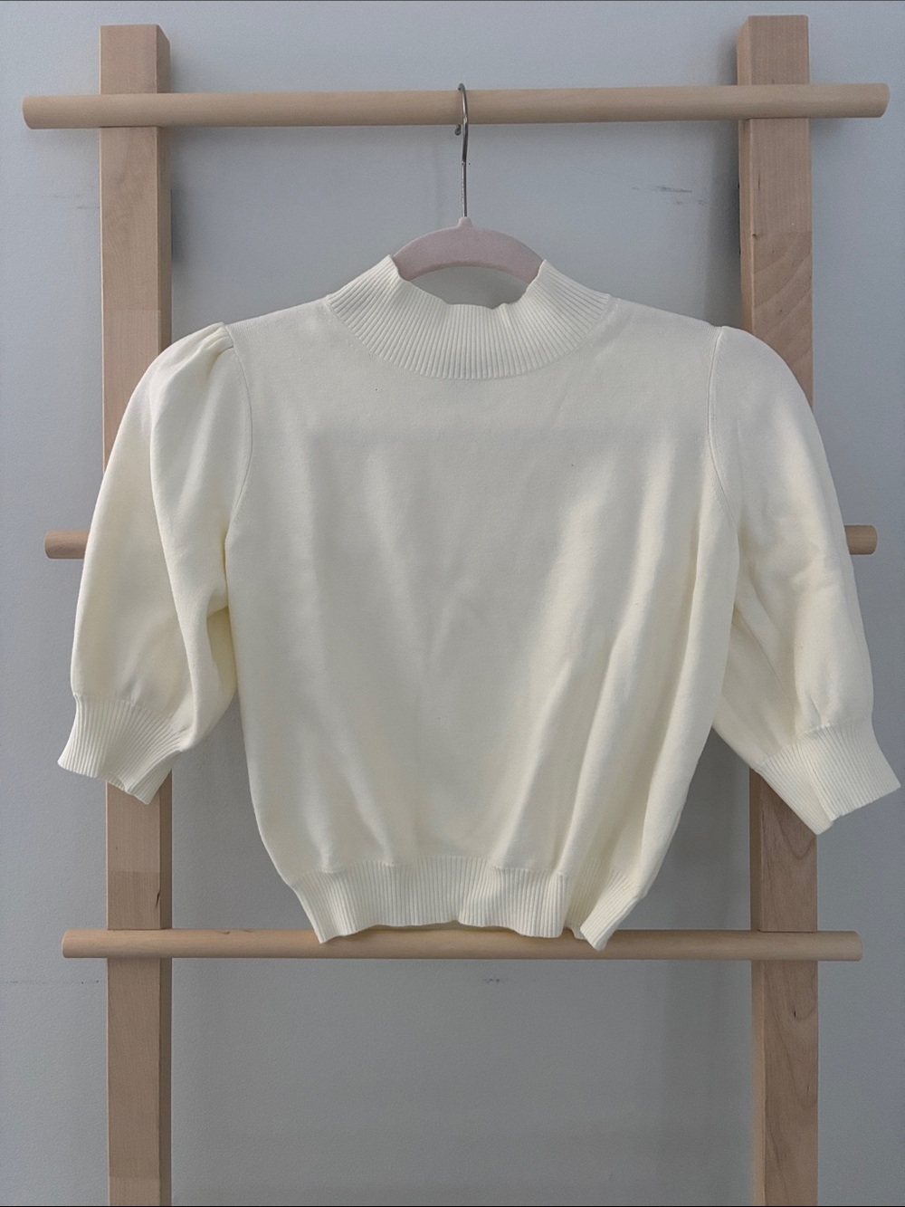 Sunday Best Ivory Mock Neck knit with short puff sleeves